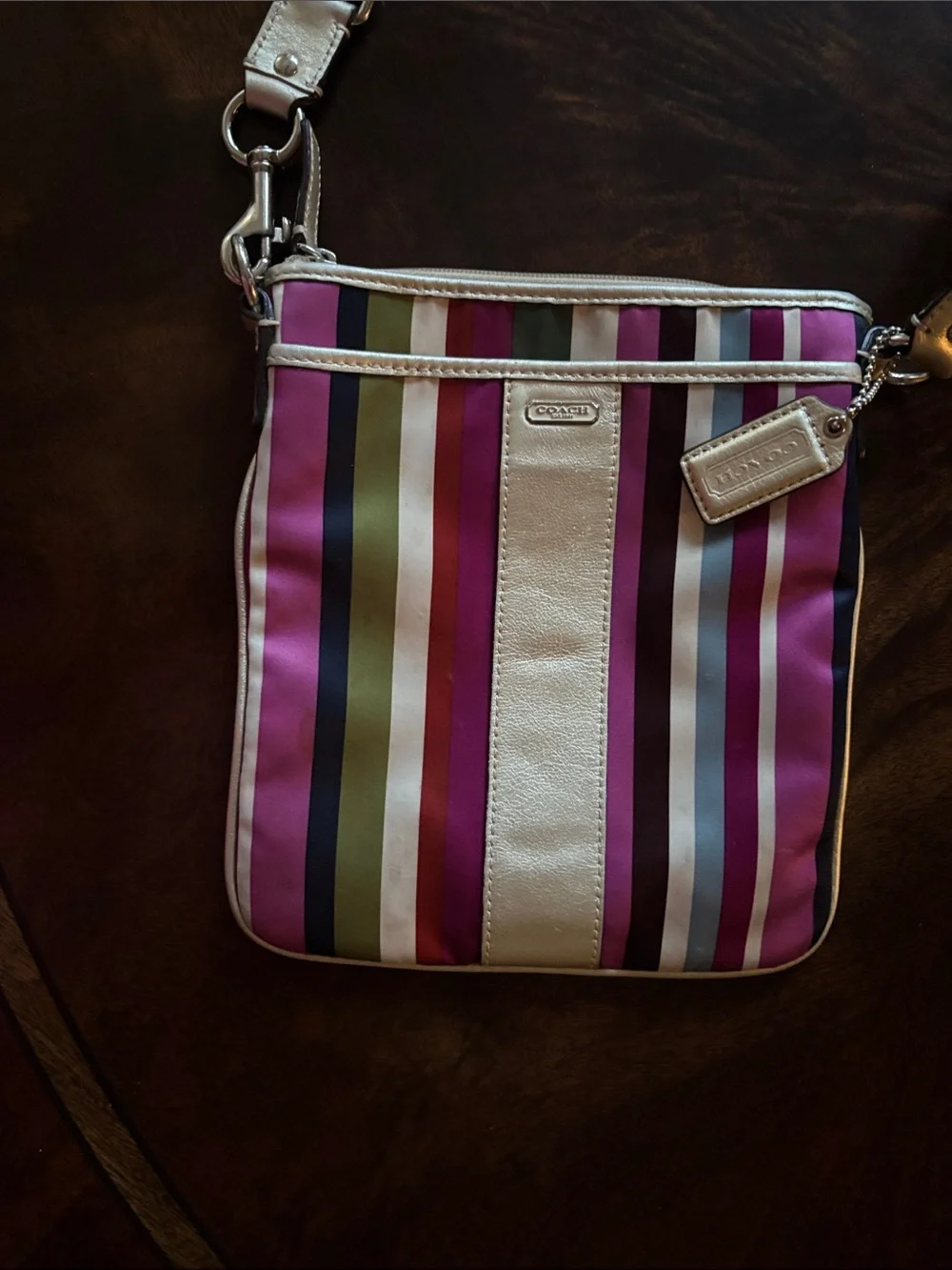 Striped Coach Crossbody Bag in Pink and Multicolor